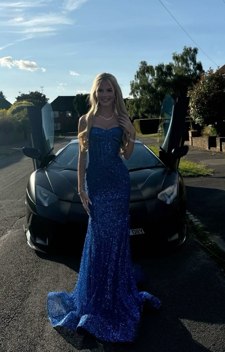 Shiny Royal Blue Mermaid Spaghetti Straps Long Beaded Prom Dress Party Gowns RB1671