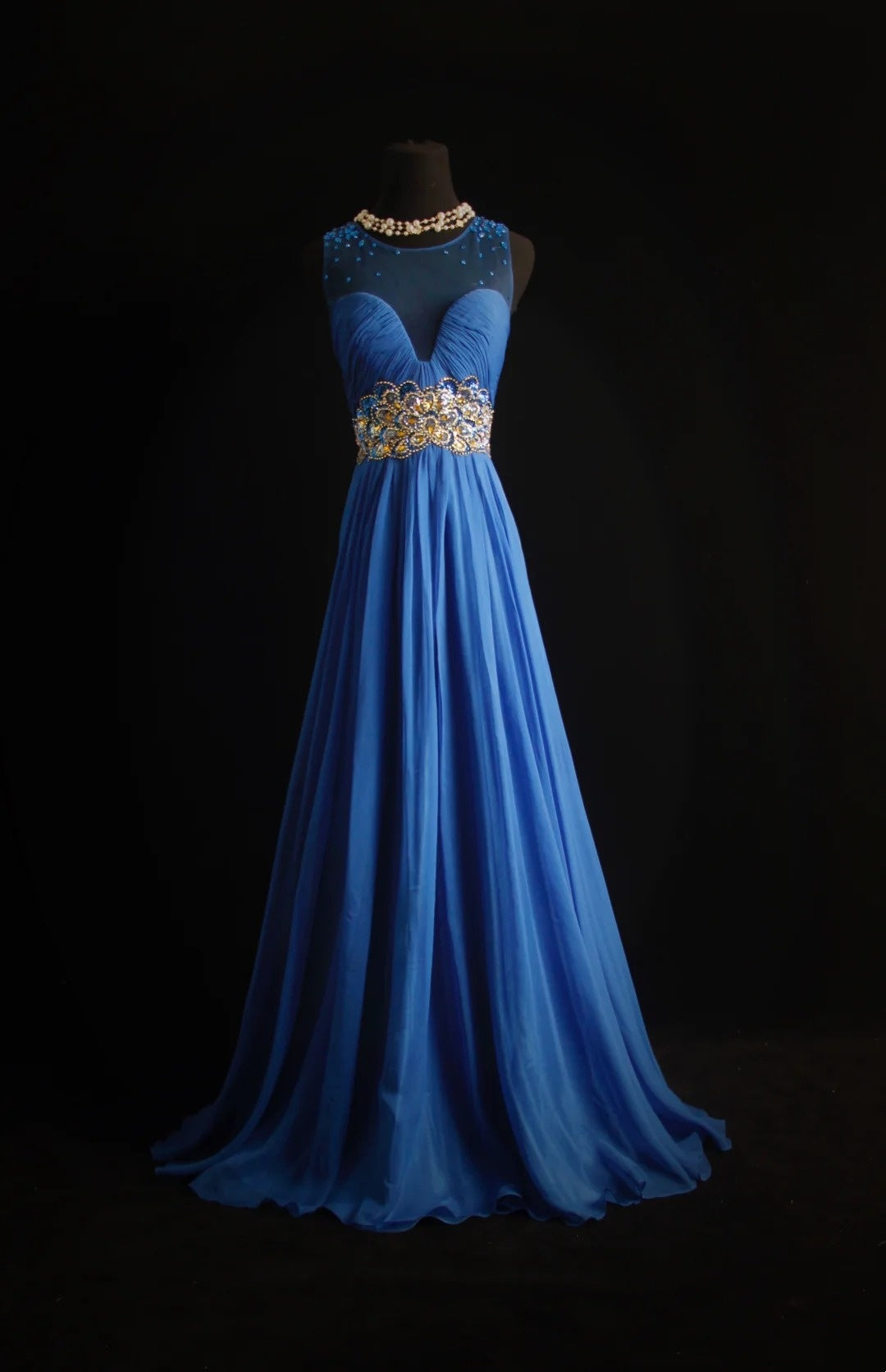 Retro A line Scoop Neckline Royal Blue Chiffon 2000s Long Prom Dresses Inspo 19th Birthday Outfits Formal Dress N500