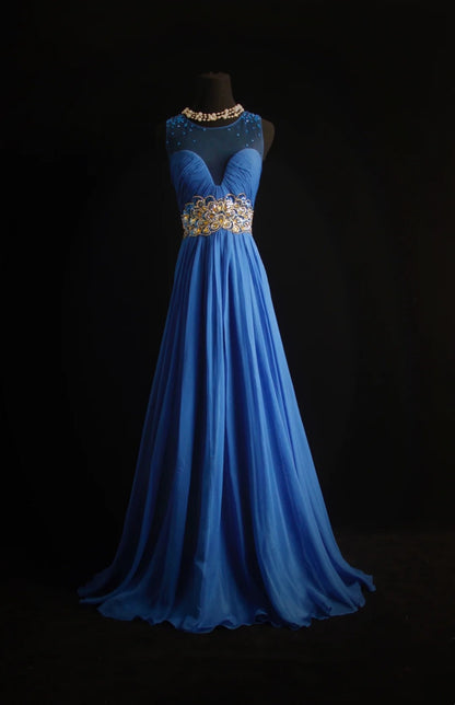 Retro A line Scoop Neckline Royal Blue Chiffon 2000s Long Prom Dresses Inspo 19th Birthday Outfits Formal Dress N500