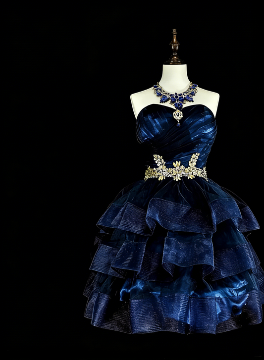 Pretty Ball Gown Strapless Navy Blue Tulle Graduation Short Mini Homecoming Dresses Hoco Dress N2718