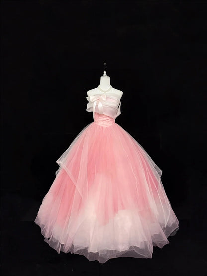 Sweet 15 Quinceanera Dress Ball Gown Strapless Pink With Bow-knot Tulle 15th Birthday Gown RC0250