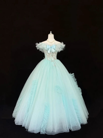 Blue Sweet 16 Dresses Long Ball Gown Off Shoulder Tulle Formal Sweet Sixteen Birthday Gown RC0238
