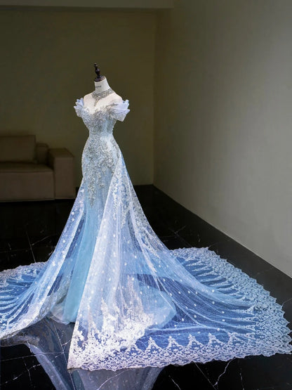 Dream Mermaid Off The Shoulder Aesthetic Sequin Blue Long Prom Dresses Inspiration Party Dress Prom Gown RB1667