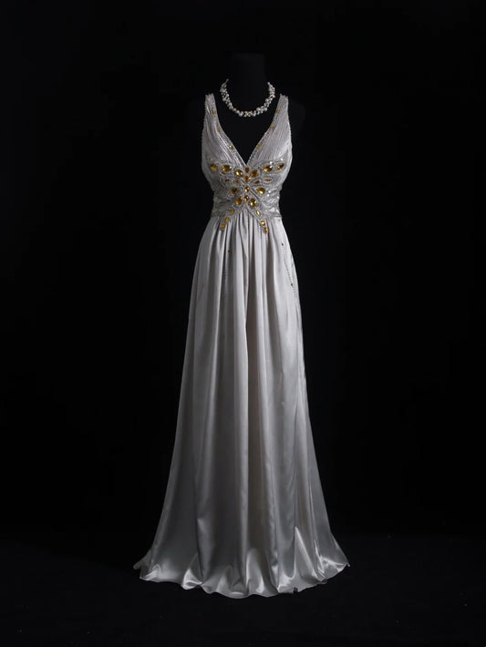 Vintage Prom Dresses 1960s A line V Neck Grey Satin Backless With Beaded Evening Formal Outfits RB5141