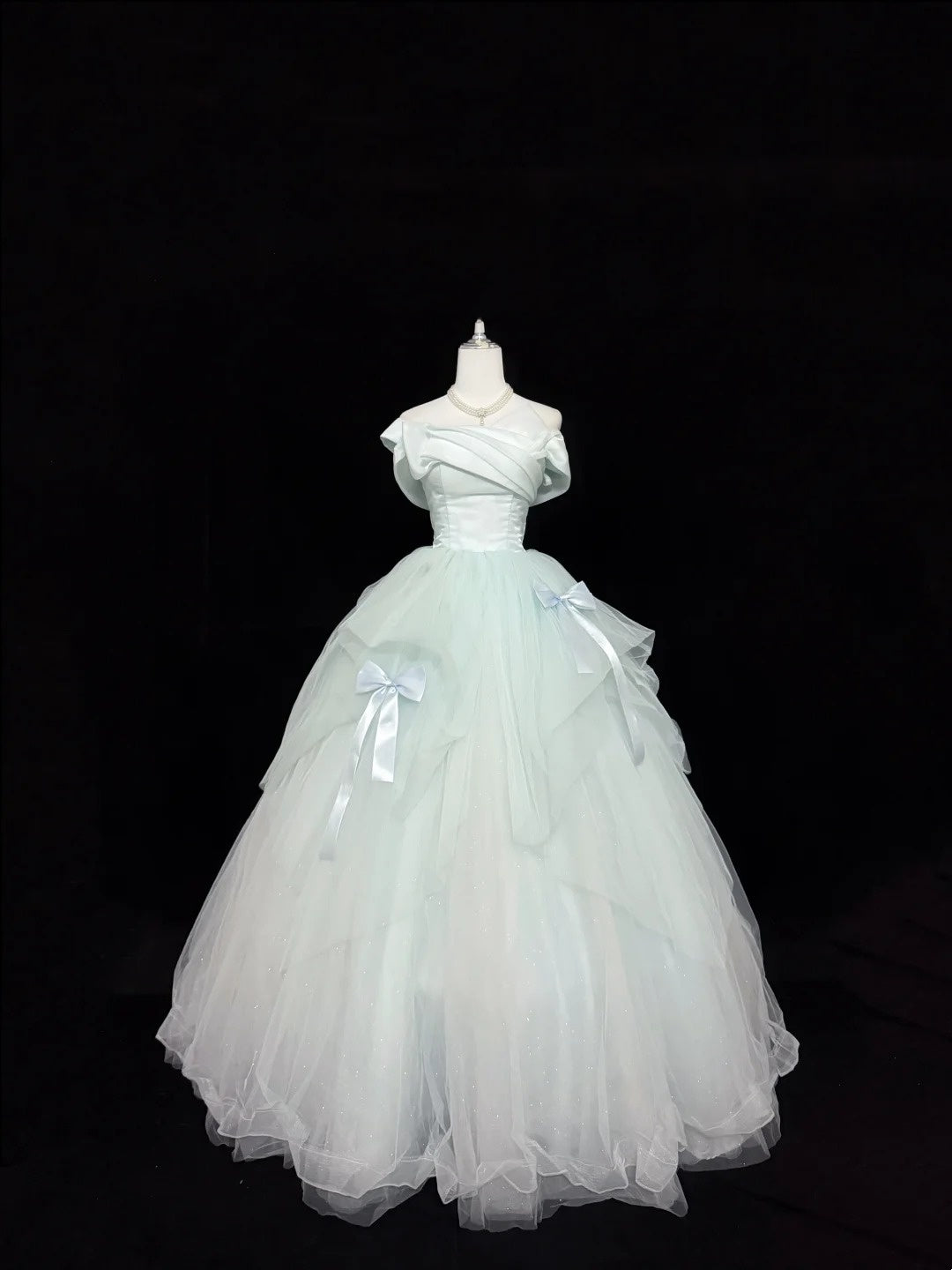 Tulle Prom Dress Long Floor Length Ball Gown Off Shoulder Mint Green With Bow-knot Formal Evening Gown For Women RC0248