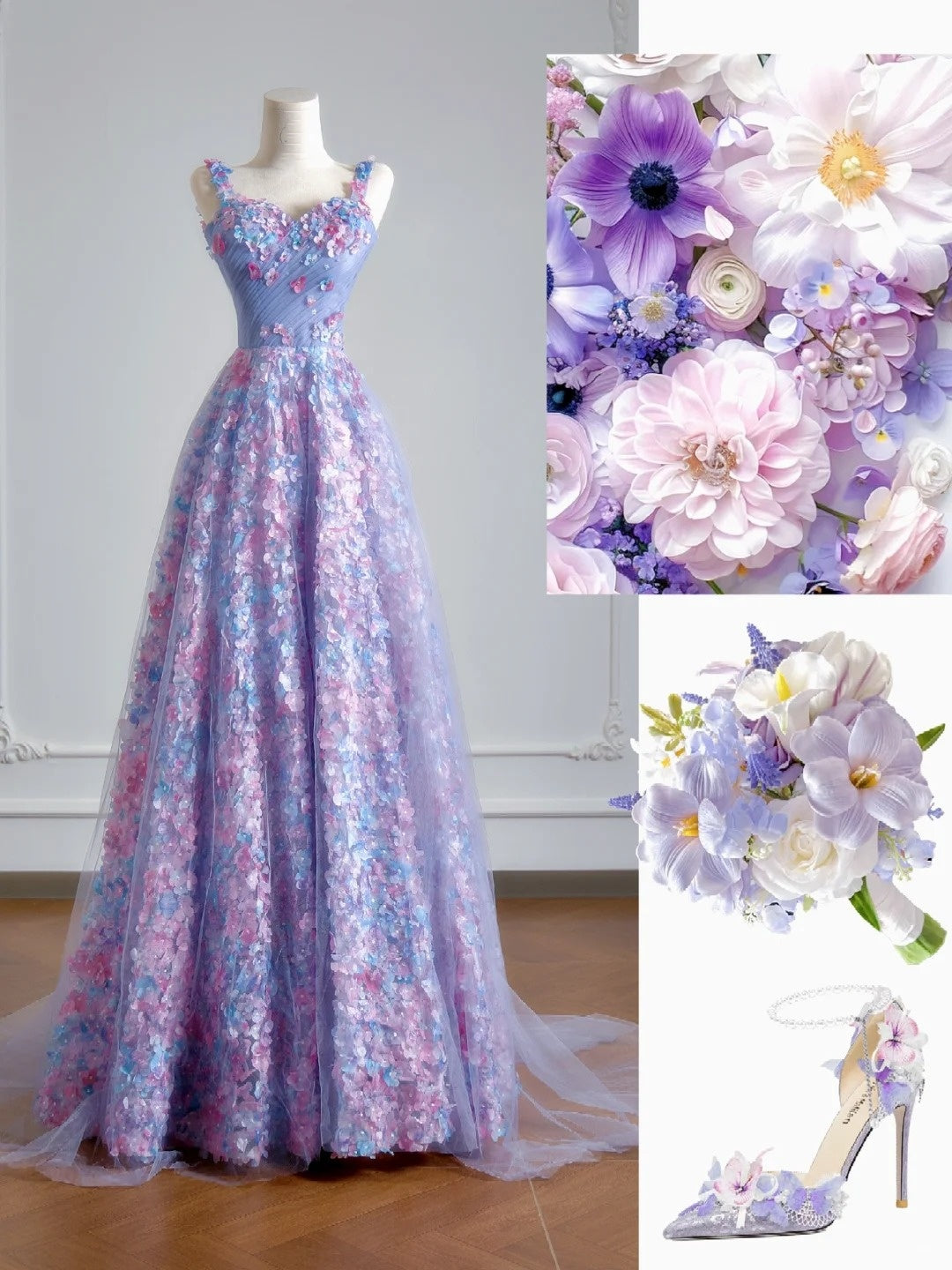 Princess A line Spaghetti Straps Lilac Tulle Floral Prom Dresses Long Evening Formal Gown With Scarf Party Gowns N347