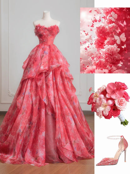 Sweet Ball Gown Sweetheart Pink Floral Chiffon Long Formal Evening Dress Formal Birthday Gowns Prom Dresses N727