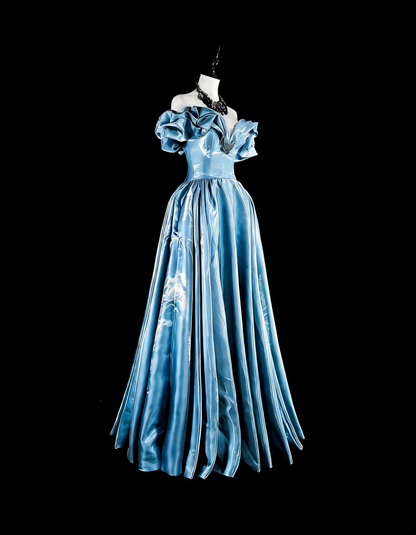 Dreamy Prom Dresses Aesthetic 80s Retro Off The Shoulder Light Blue Long Formal Outfits N2363