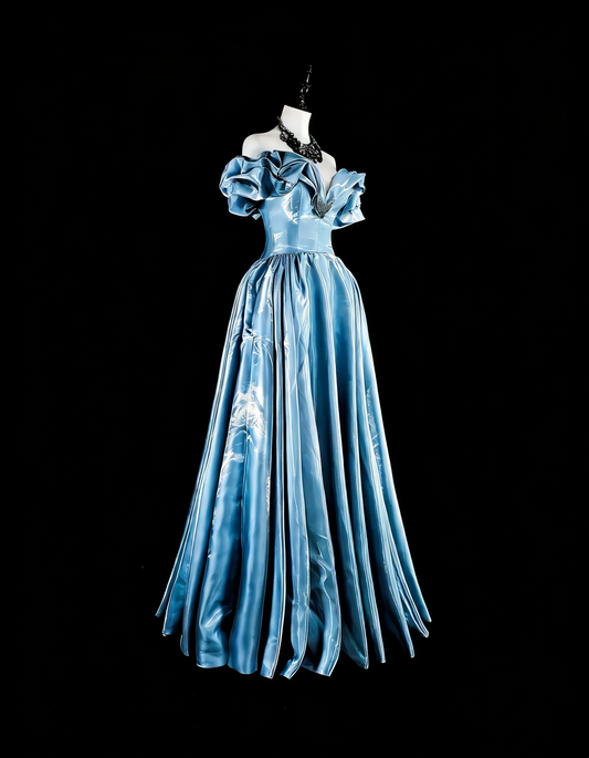 Dreamy Prom Dresses Aesthetic 80s Retro Off The Shoulder Light Blue Long Formal Outfits N2363