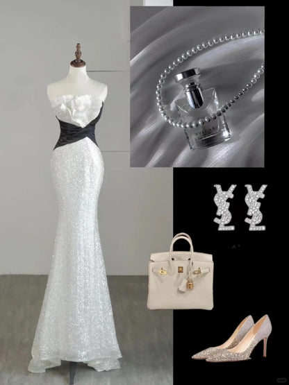 Beautiful Mermaid Strapless White Sequin Long Prom Dresses Formal Gowns Inspo Evening Outfit N236