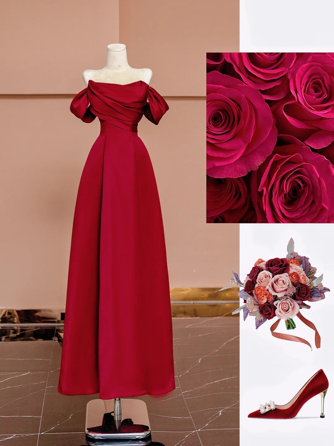 Gorgeous A line Off The Shoulder Burgundy Satin With Short Sleeves Formal Evening Dress Gowns Long Prom Dresses N722