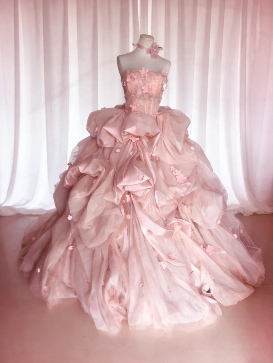 Modest Prom Dresses Ball Gown Strapless Blush Pink Tulle With Flowers Long Quince Dress N3047