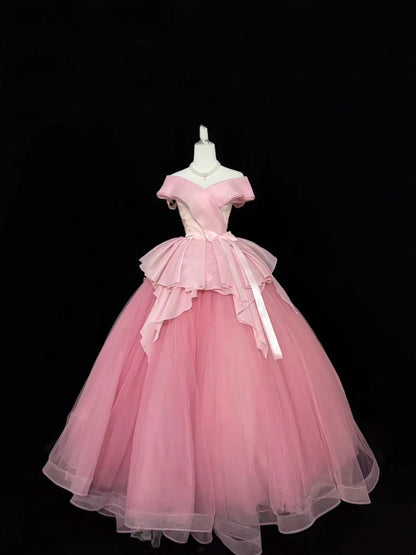Tulle Prom Dress Long Floor Length Ball Gown Off Shoulder Pink With Sleeves Formal Evening Gown For Women RC0278