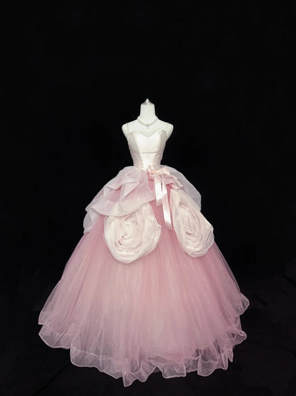 Sweet 15 Quinceanera Dress Ball Gown Spaghetti Straps Pink With Flowers Tulle 15th Birthday Gown RC0251