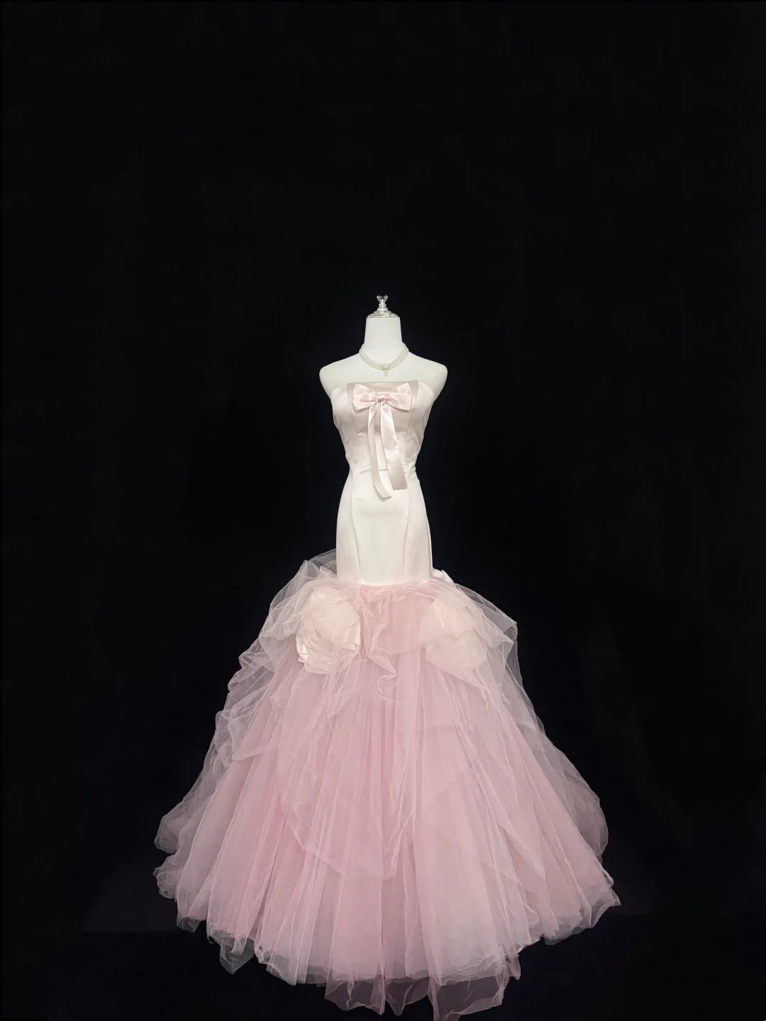 Prom Dress Long Floor Length Mermaid Strapless Tulle Pink With Flowers Formal Evening Gown For Women RC0322