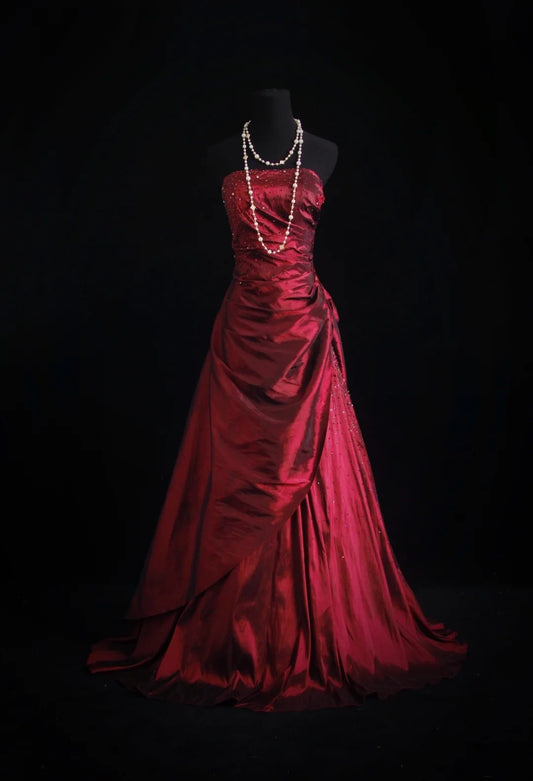 Vintage Prom Dresses 1960s Ball Gown Strapless Burgundy Wine Red Satin Floor Length Sleeveless Evening Formal Outfits RB4932