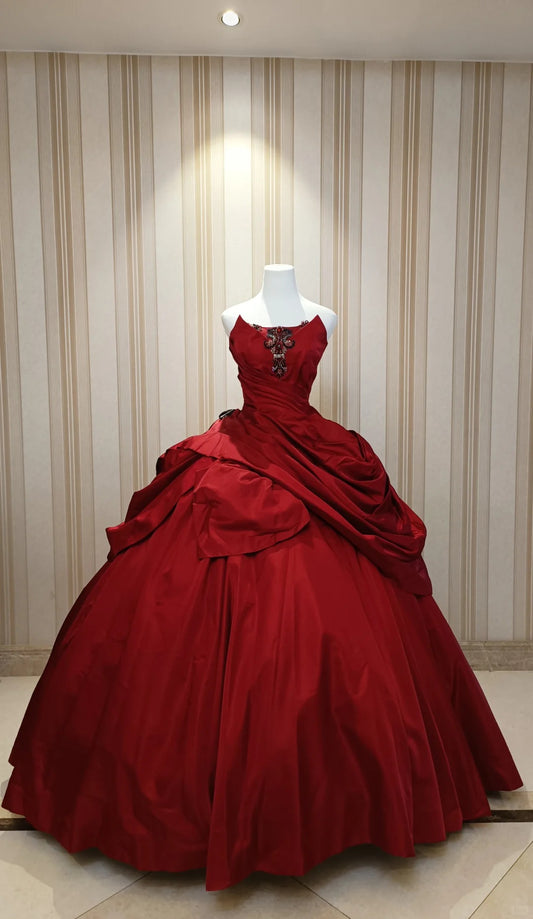 Princess Ball Gown Strapless Red Satin With Appliqued Sweet 16 Dresses Quinceanera Dress N4193
