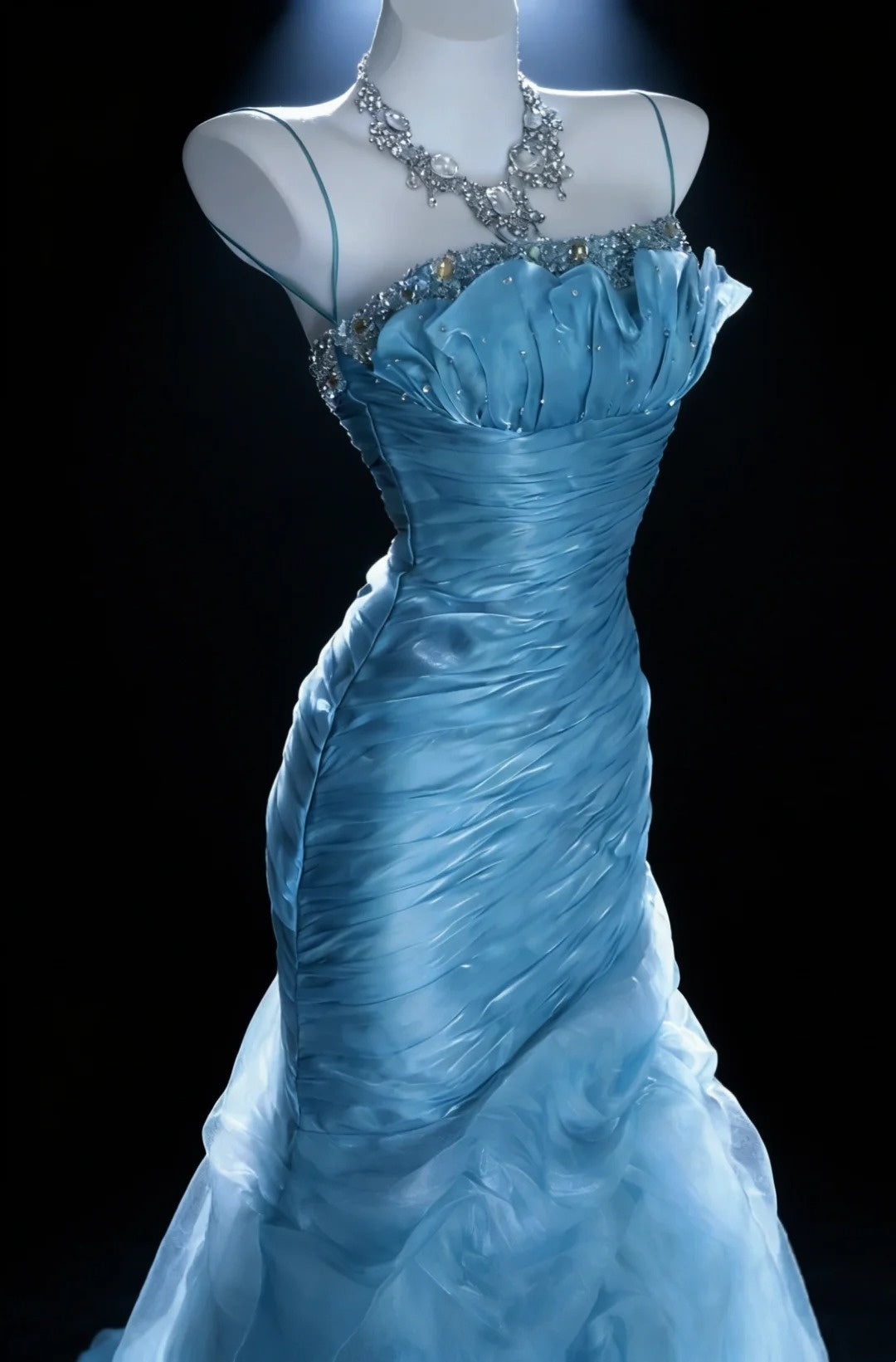 Pretty Prom Dresses Mermaid Spaghetti Strap Blue Organza With Beaded Bodice Long Formal Dress N3045