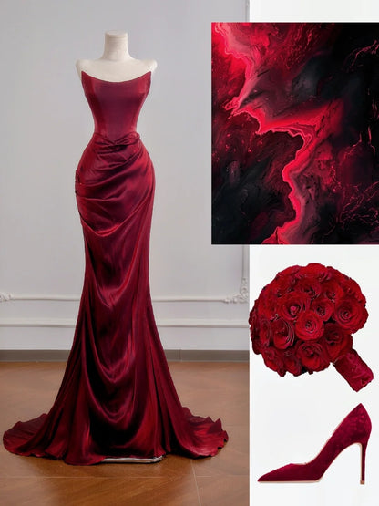 Romantic Mermaid Strapless Burgundy With Ruffles Long Prom Dresses Impress 18th Birthday Outfits Party Gown N396