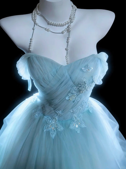 Modest Prom Dresses Ball Gown Off The Shoulder Light Sky Blue Tulle With Sleeves Long Quince Dress N3053