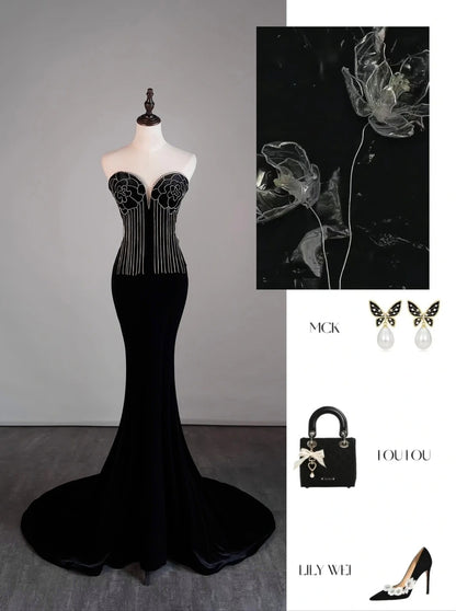 Modest Mermaid Sweetheart Black Velvet College Formal Outfit Prom Graduation Dresses For Teens N1178