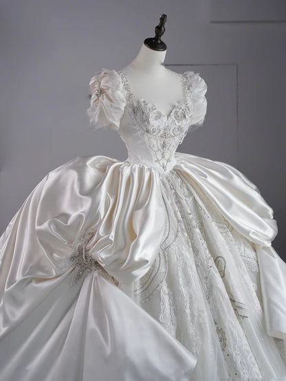 Luxury Ball Gown Sweetheart Satin Tulle Lace Wedding Dress With Sleeves Fairytale Autumn Wedding Dresses RB2825