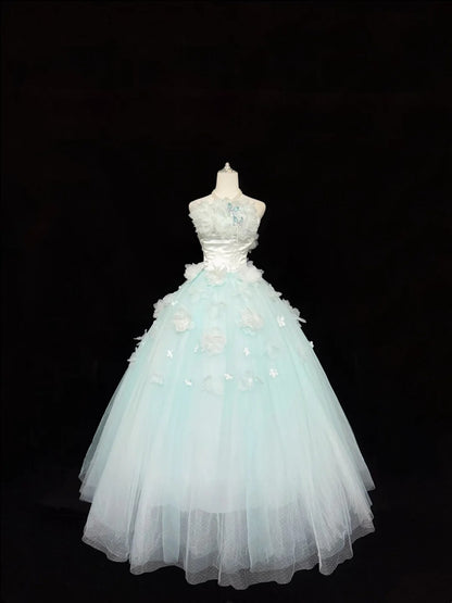 Cute Sweet 16 Dresses Long Ball Gown Strapless Blue With Flowers Tulle Formal Sweet Sixteen Birthday Gown RC0256