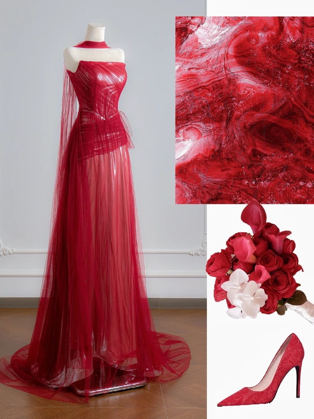 Simple A Line Strapless Red With Scarf Prom Dresses Long Evening Formal Gown BirthdayParty Gowns N376