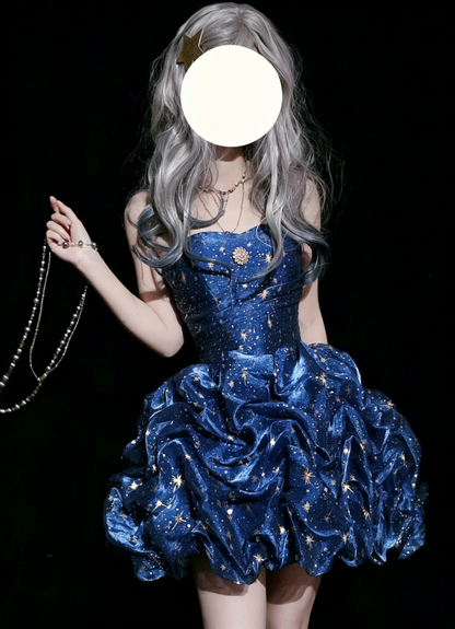 Glam Ball Gown Sweetheart Navy Blue With Gold Strars Party Dress Cocktail Gown Homecoming Dresses N3813