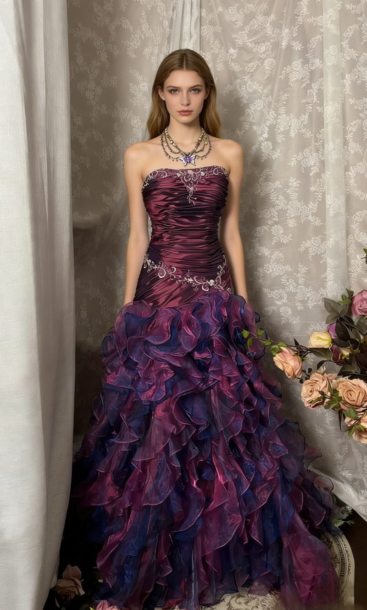 Vintage Prom Dress Outfit Mermaid Strapless Dark Purple Ruched Long 90s Prom Dresses Formal Evening Gown A350