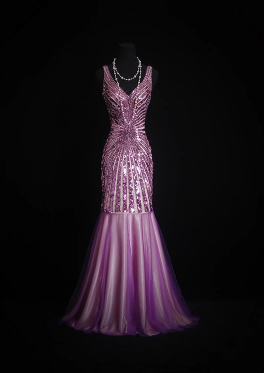 Vintage Prom Dresses Aesthetic 80s Retro Mermaid V Neck Lilac Sequins Floor Length Evening Outfits N2330