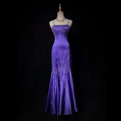 Elegant Mermaid Spaghetti Straps Grape Satin Long Prom Dresses Formal Party Gowns Vestidos De Dia N767