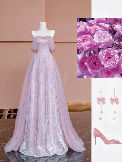 Sparkly A line Off The Shoulder Pink Sequined With Short Sleeves Formal Evening Dress Gowns Long Prom Dresses N723