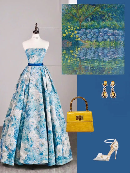 Beautiful Ball Gown Strapless Blue Floral Satin Long Prom Dresses Formal Gowns Inspo Evening Outfit N241