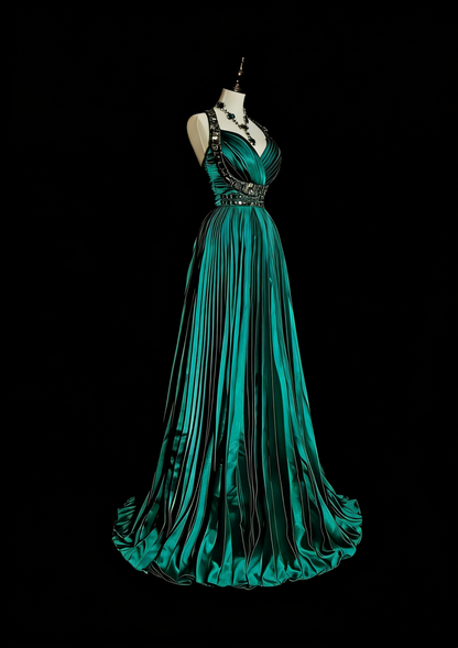 Vintage A line Halter Satin Ruffles Green With Beadings Sleeveless 70s Prom Dresses Long Formal Party Gown N1479