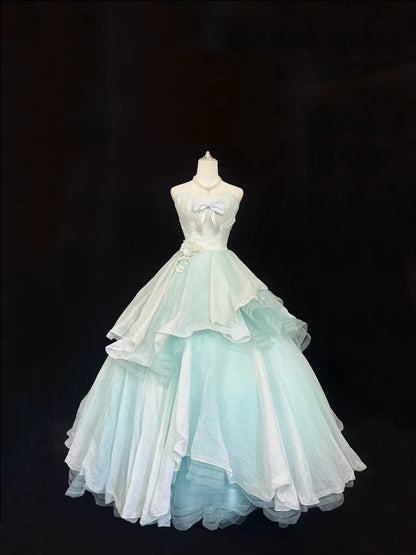 Sweet 15 Quinceanera Dress Ball Gown Strapless Mint Green Blue With Bow-knot Tulle 15th Birthday Gown RC0242