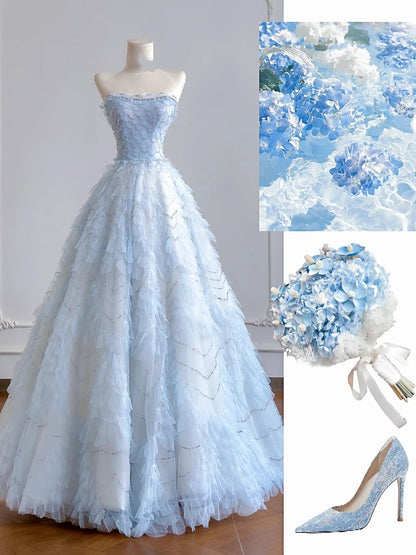 Timeless Ball Gown Strapless Light Sky Blue Tulle Long Prom Dresses Inspiration Party Gowns N375