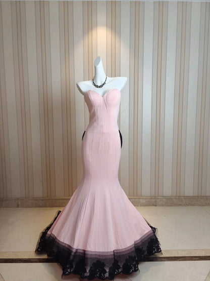 Elegant Mermaid Sweetheart Pink Chiffon With Black Lace 18th Birthday Elegant Outfit Formal Prom Dresses N4192