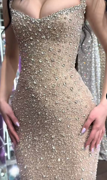 Sparkly Mermaid Square Neck Sequin Champagne Prom Dresses Party Dress 18th Birthday Outfits Graduation Dress RB1453