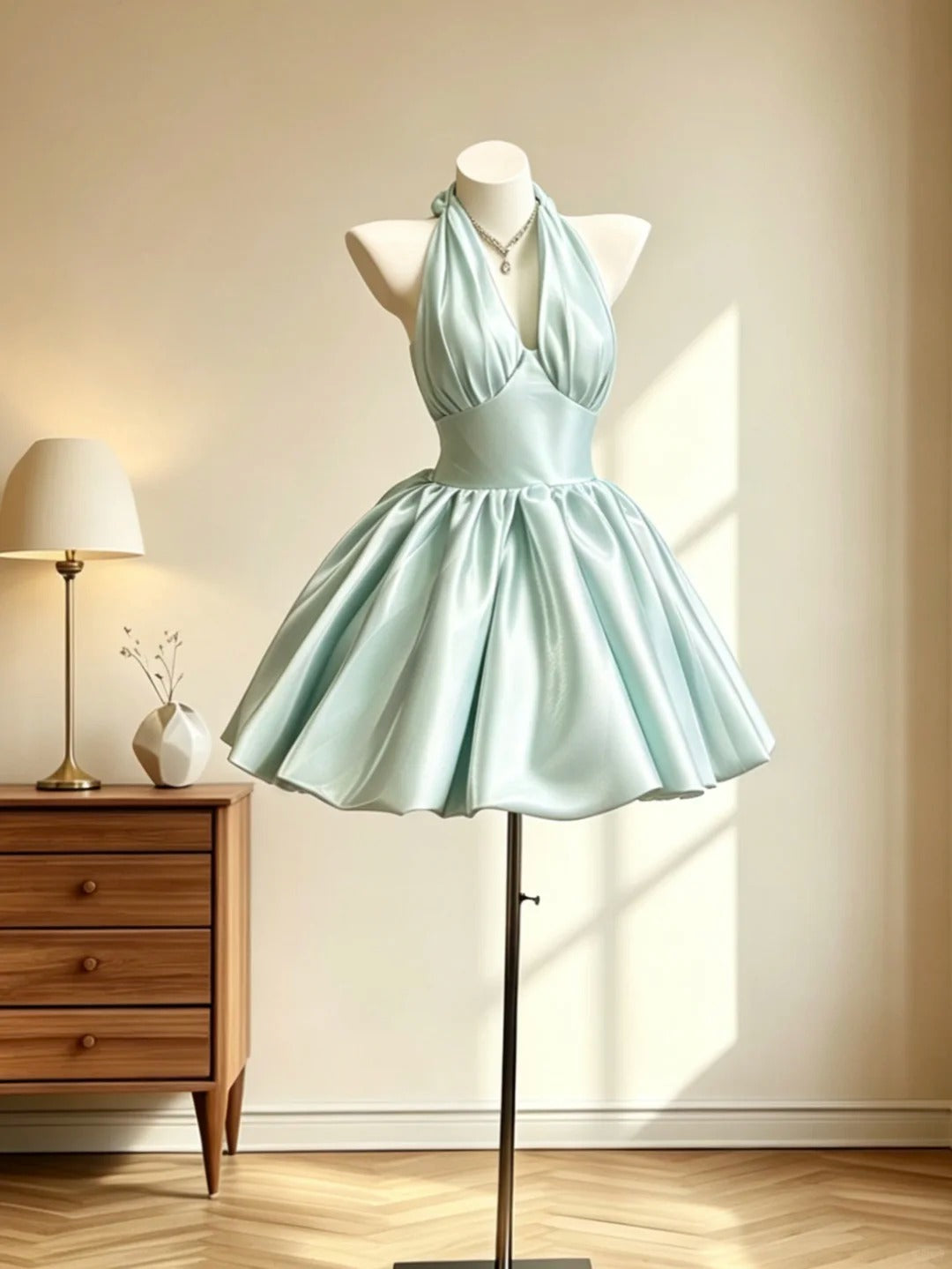 Fancy Ball Gown Halter Mint Green Satin Mini Senior Inspo Short Party Formal Homecoming Dresses RB3064