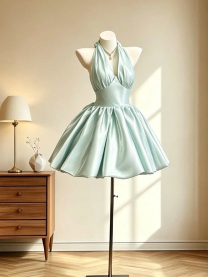 Fancy Ball Gown Halter Mint Green Satin Mini Senior Inspo Short Party Formal Homecoming Dresses RB3064