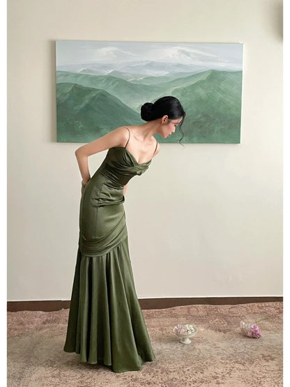 Fitted Mermaid Spaghetti Strap Green Satin With Pleated Formal Dress Long Prom Dresses N2820