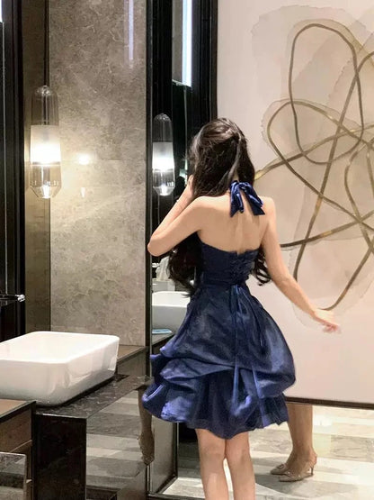 Pretty Ball Gown Halter Navy Blue Graduation Short Mini Homecoming Dresses Hoco Dress N2726