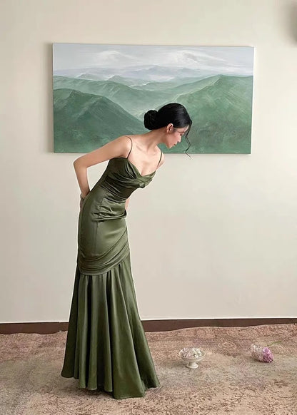 Stunning Chic Mermaid Spaghetti Strap Dark Green Satin With Pleated Formal Dress Long Prom Dresses N2823
