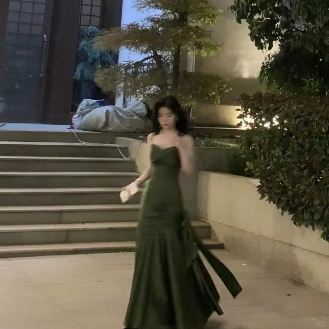 Stunning Mermaid Spaghetti Strap Green Satin With Pleated Formal Dress Long Prom Dresses N2822