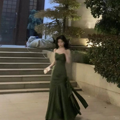 Stunning Mermaid Spaghetti Strap Green Satin With Pleated Formal Dress Long Prom Dresses N2822