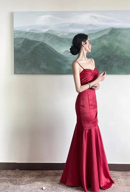 Romantic Mermaid Spaghetti Strap Burgundy Satin With Pleated Formal Dress Long Prom Dresses N2824