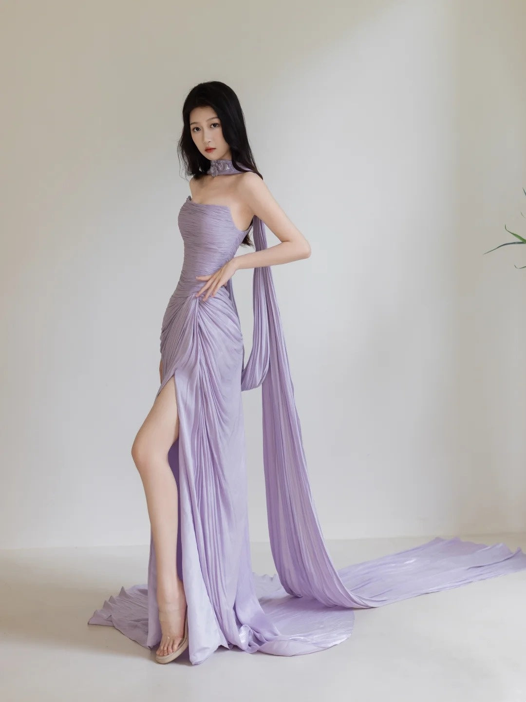 Charming Mermaid Strapless Lilac Slit Long Evening Prom Dresses Floor Length Evening Formal Dress N277