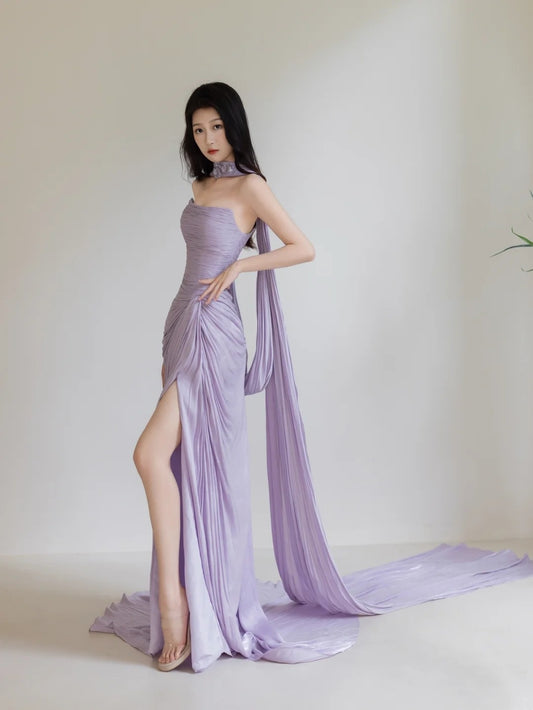 Charming Mermaid Strapless Lilac Slit Long Evening Prom Dresses Floor Length Evening Formal Dress N277