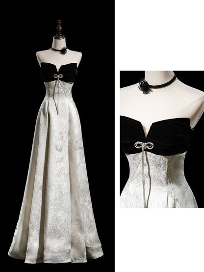 Modest A Line Strapless Floral Satin Long Evening Prom Dresses Floor Length Evening Formal Dress N274